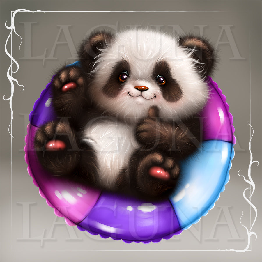 Cartoon panda bear on a swimming ring.