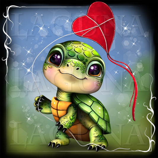 Illustration of a cute cartoon tortoise with heart-shaped kite.