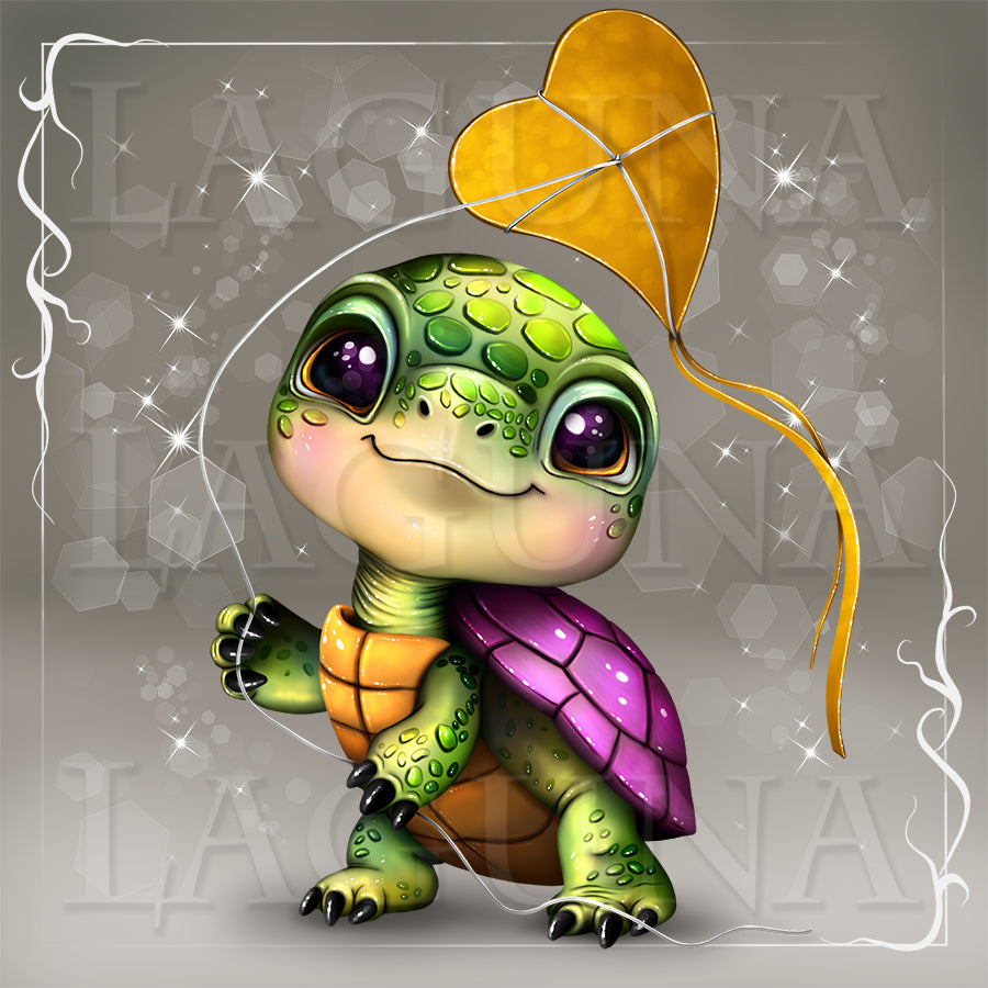 Illustration of a cute cartoon tortoise with heart-shaped kite.