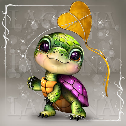 Illustration of a cute cartoon tortoise with heart-shaped kite.