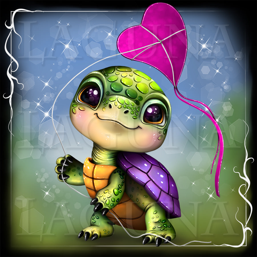 Illustration of a cute cartoon tortoise with heart-shaped kite.