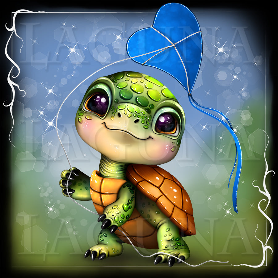 Illustration of a cute cartoon tortoise with heart-shaped kite.