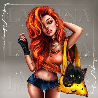 Vampire Girl with Kitty in Bag