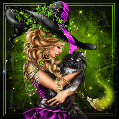 Witch Girl Holding a Black Cat