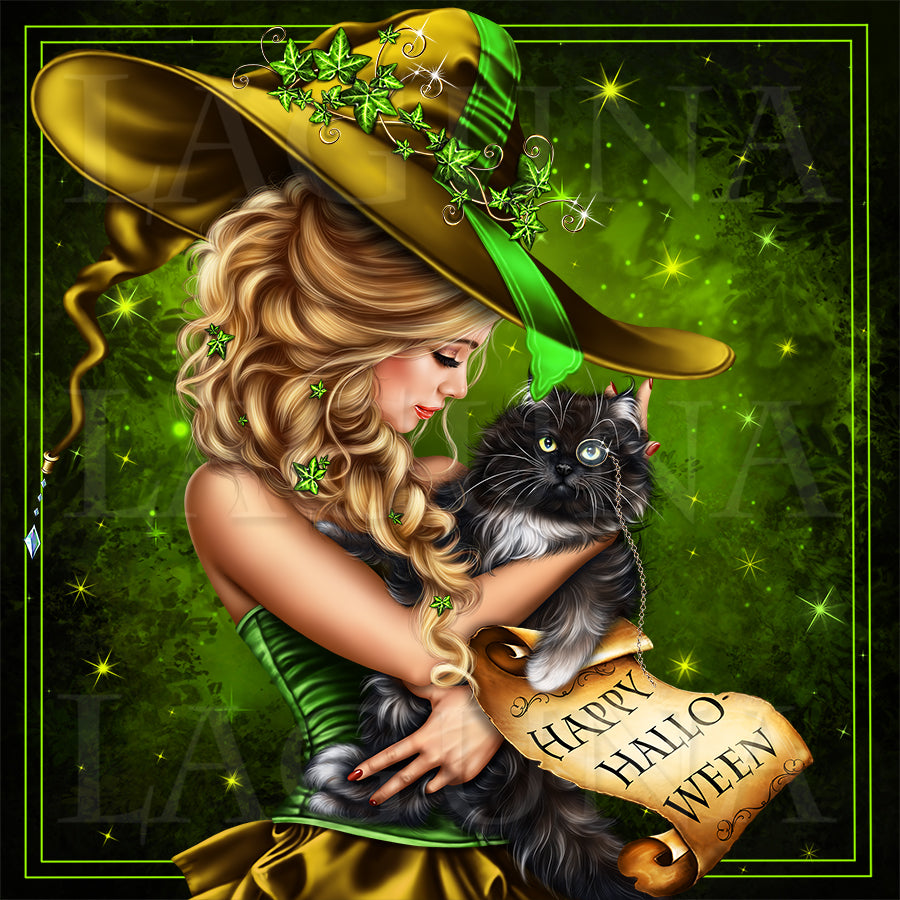 Witch Girl Holding a Black Cat