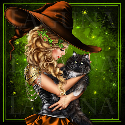 Witch Girl Holding a Black Cat