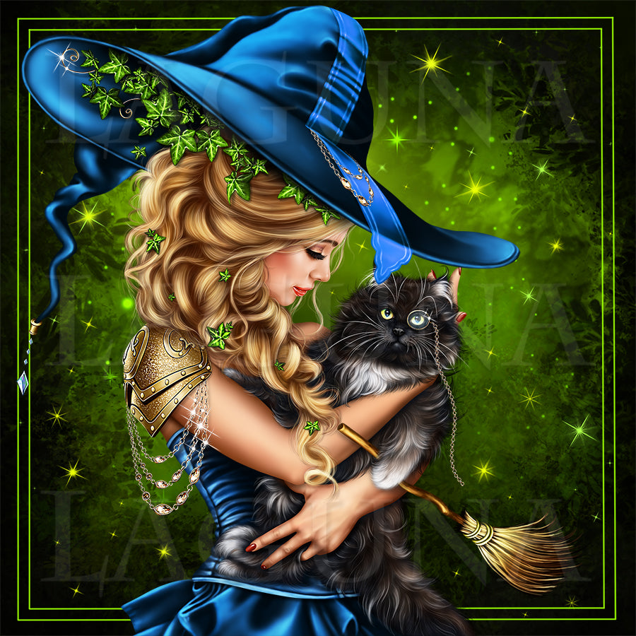 Witch Girl Holding a Black Cat