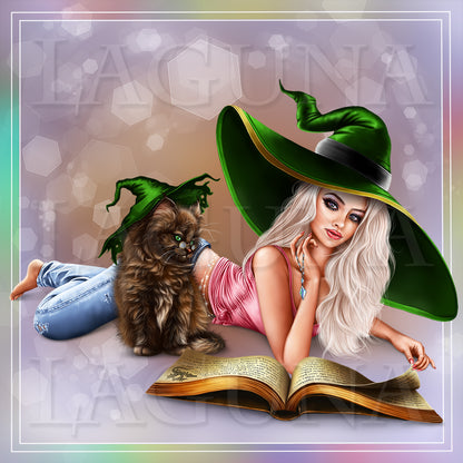 Witch Girl with Book and Kitty