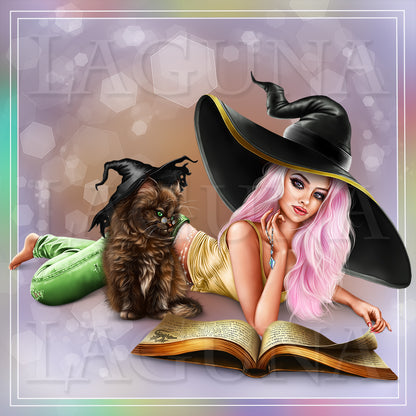 Witch Girl with Book and Kitty